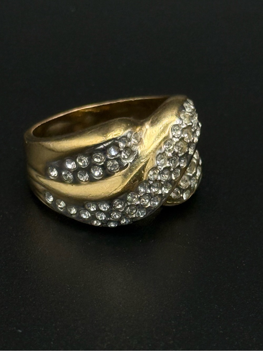 Vintage Gold Tone Pave Crystal Swirl Cocktail Ring